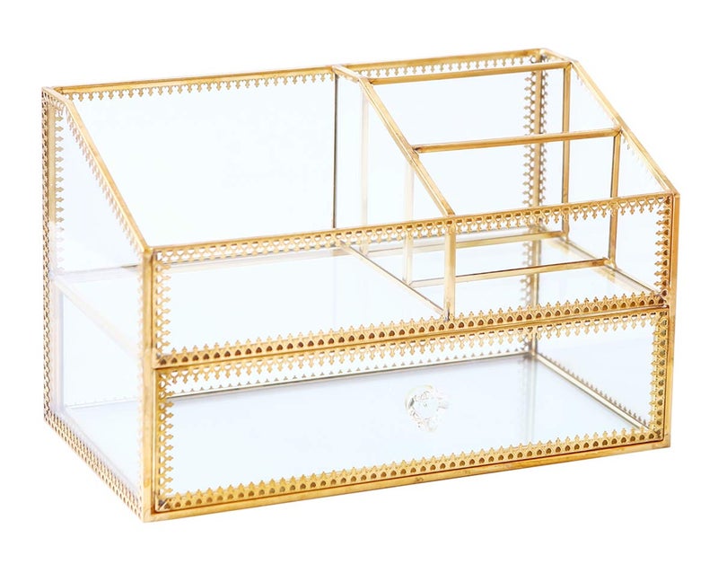 Levilan Golden Glass Box Vanity Tray Glass Case Makeup Display Organizer on Dresser, Multifunctional Cosmetic Storage for Palette Lipstick Makeup Brushes Skincare Perfumes Bathroom Accessories - Image 2